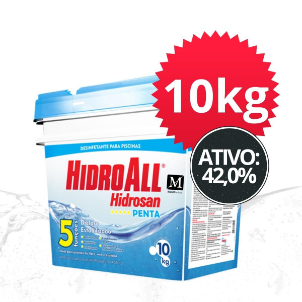 Cloro granulado Hidroall Penta 10kg c/ Clarificante Hidrofloc 1l