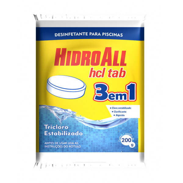 Cloro Tablete HCL 3 EM 1 Multiação 200gr Hidroall - kit c/ 5