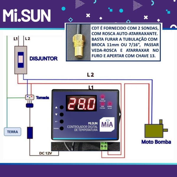 Painel de Controle CDT Aquecedor Solar Piscina MiSun até 1,5cv