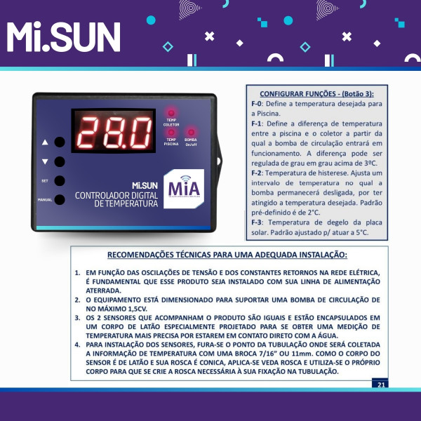 Painel de Controle CDT Aquecedor Solar Piscina MiSun até 1,5cv