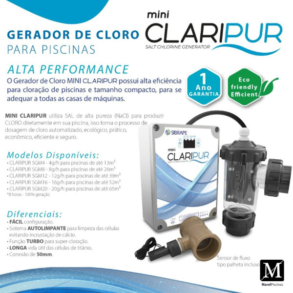  Gerador de cloro para piscinas até 39m³ 12g/h Claripur Sibrape
