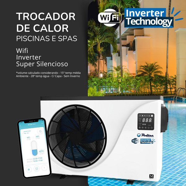 TROCADOR DE CALOR Inverter c/ Wifi ATÉ 40M³ COM WIFI 30;600 BTU/H Pooltec