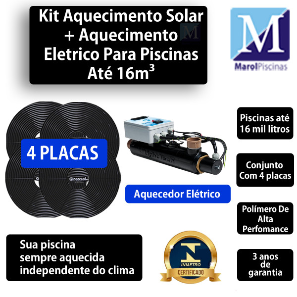 Kit Aquecimento Solar + Aquecimento Elétrico Para Piscinas até 16.000 Litros