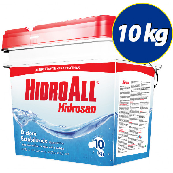 Kit Cloro granulado hidrosan Plus 10kg + Clarificante Hidrofloc + fita teste