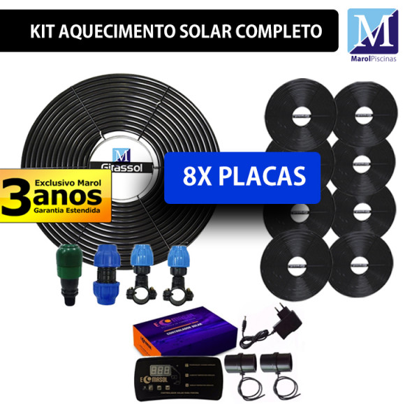 Kit aquecimento Solar para piscinas até 32.000 L (8 PLACAS + PAINEL)