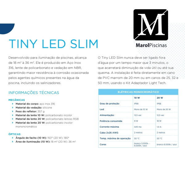 Tiny Led Slim 20w para piscina Azul Light tech