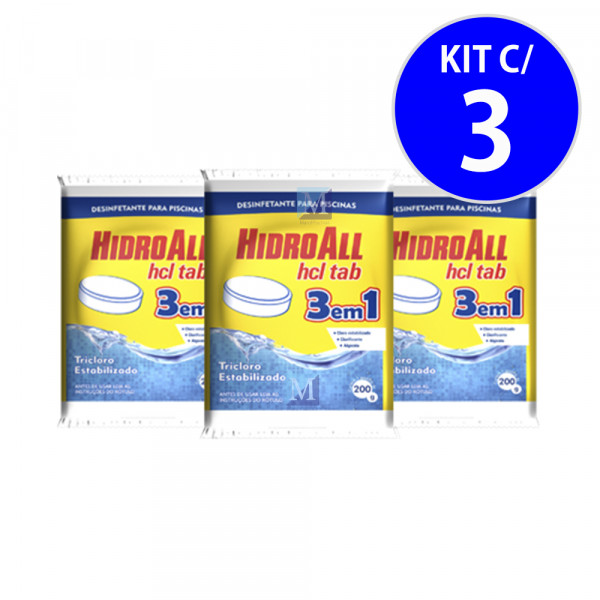 Cloro Tablete HCL 3 EM 1 Multiação 200gr Hidroall - kit c/ 3