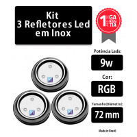 kit 3 refletores 9w rgb inox 72 mm